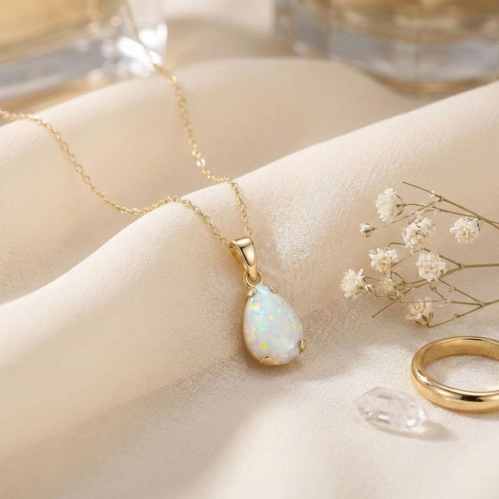 תליון טיפה זהב 14 קראט אופל לבן