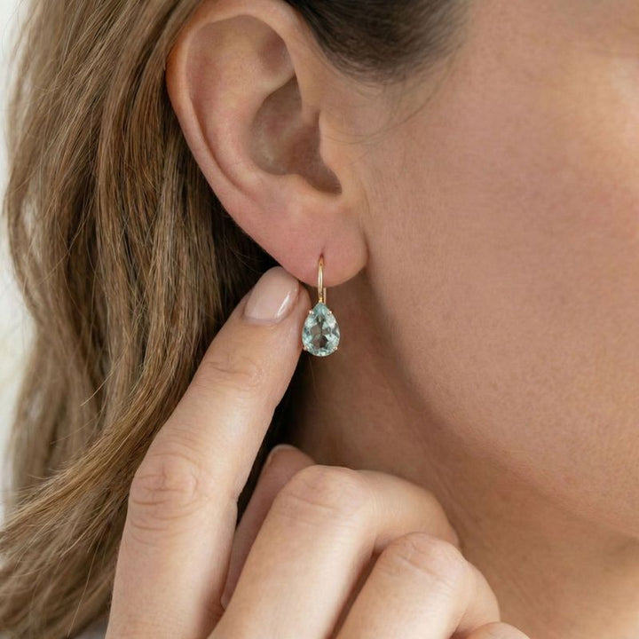 עגילי טיפה תלויים זהב 14 קראט אקווה מרין מלאכותי