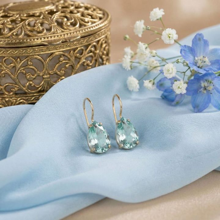 עגילי טיפה תלויים זהב 14 קראט אקווה מרין מלאכותי