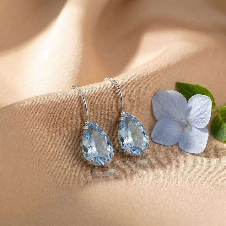 עגילי כסף תלויים טיפה טופז כחול מלאכותי