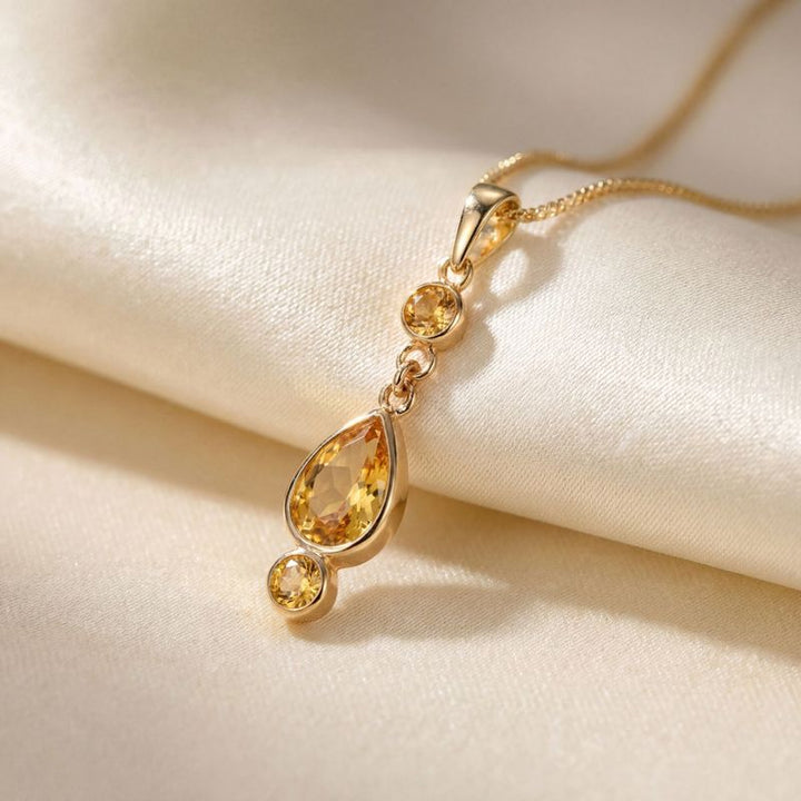 תליון זהב צהוב 14 קראט טיפה יוקרתית סיטרין טבעי