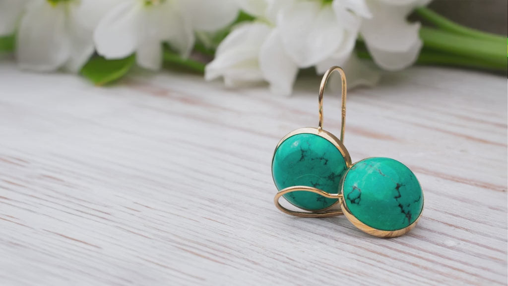 עגילי זהב 14 קראט תלויים אבן טורקיז