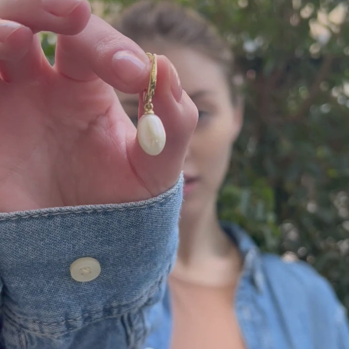 עגילים תלויים זהב 14 קראט פנינה