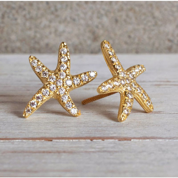 עגילי זהב 14 קראט צמודים בצורת כוכב ים עם סוגרי זהב