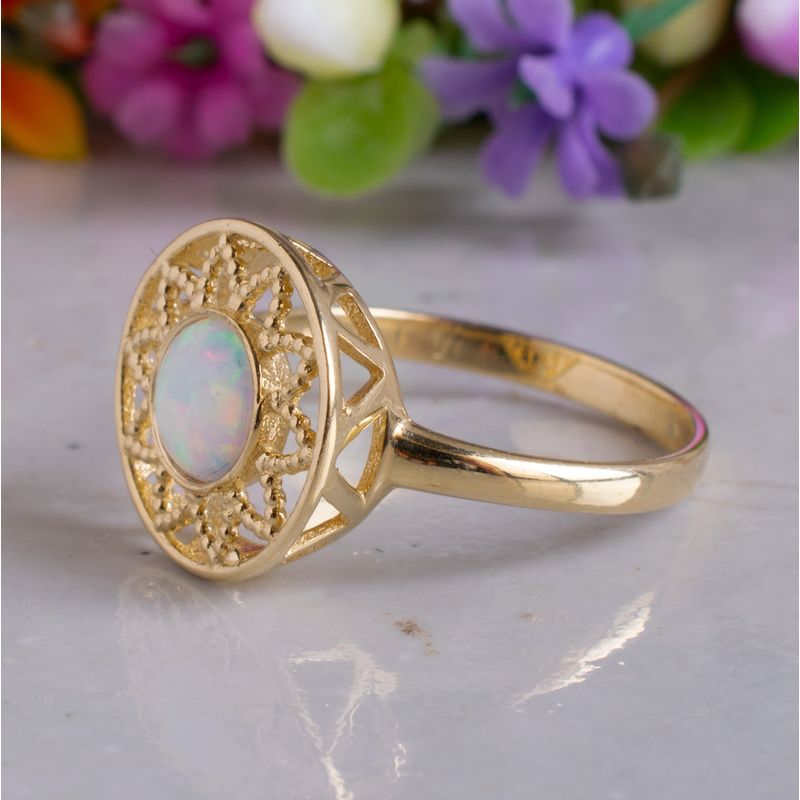 14K Yellow Gold Round White Opal Ring - white opal ring , Handmade 
