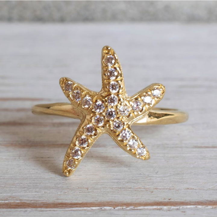 טבעת כוכב ים זהב 14K זירקונים