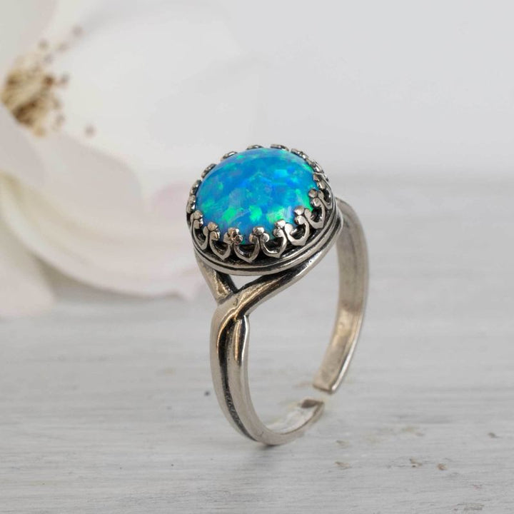 טבעת כסף אמיתי 925 פתוחה אבן אופל כחול לחריטה
