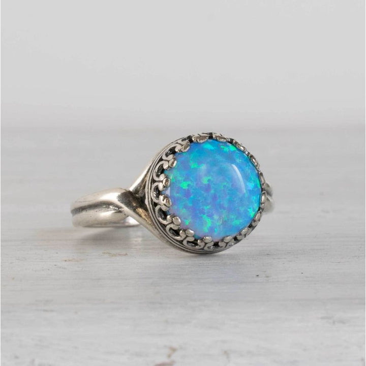 טבעת כסף אמיתי 925 פתוחה אבן אופל כחול לחריטה