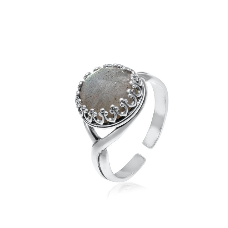 טבעת כסף 925 אבן עגולה לברדורייט אפורה